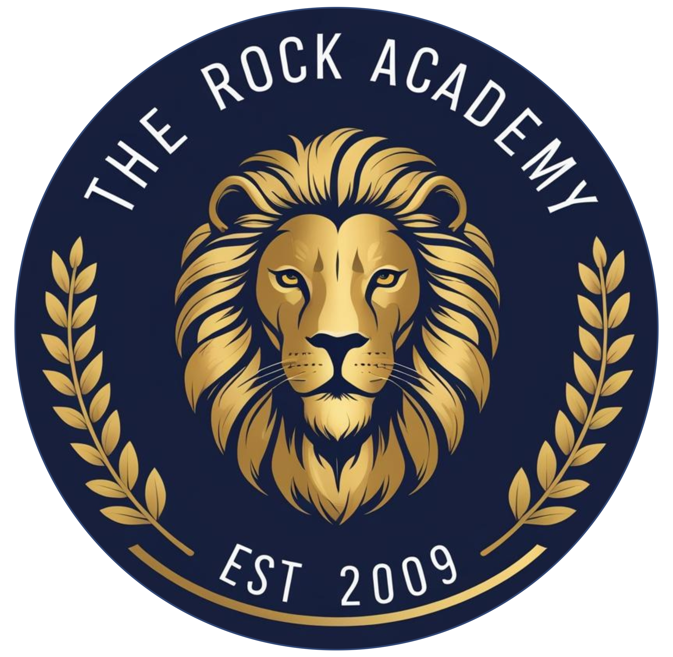 The Rock Academy crest: gold lion in a laurel wreath, established 2009